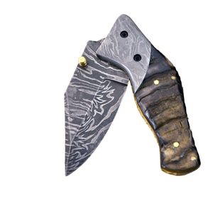 Couteau de chasse à lame fixe à motif Damas avec manche en bois poli, couteau de camping extérieur fait main avec étui en cuir durable - Product Image 3