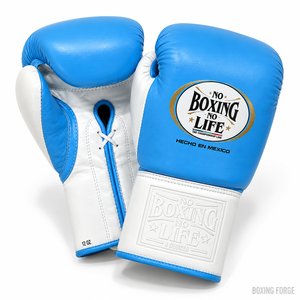 นวมชกมวยหนังแท้ No Boxing No Life ขนาด 04 ออนซ์ - 24 ออนซ์ แบบผูกเชือก อุปกรณ์ฝึกซ้อมสำหรับผู้ใหญ่ สีน้ำเงินขาว ผลิตในเม็กซิโก - Product Image 4