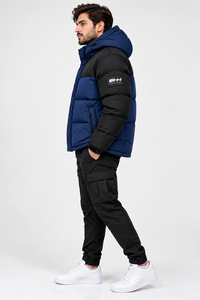 Men's <b>Navy</b> Blue Black Hooded Puffer <b>Jacket</b> Color Block <b>Padded</b> Winter Coat with Zip Pockets Custom OEM Wholesale Outerwear - Product Image 6