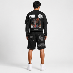Premium Custom Printed Men's Summer Oversized Graphic Patch Suit Set Layered Long Sleeve <b>Studded</b> Streetwear Fleece Two Piece - Product Image 6