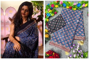 Premium Soft Chinon Silk Ankle-Length Wrinkle-Free Thread Sequins Embroidery Ajrakh Print Stylish Party Wear <b>Saree</b> Unstitched - Product Image 3