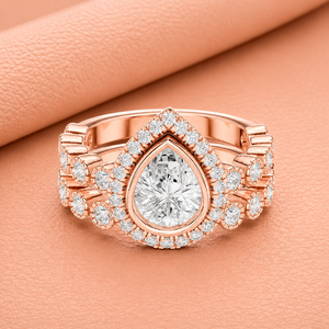 Ensemble de bagues de mariée en diamant Royal Teardrop Halo pour femmes, luxe, coupe ovale, alliance de fiançailles et de mariage, or massif 14 carats plaqué rhodium - Product Image 1