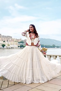 Pink Rayon Boho Style <b>Lehenga</b> Set <b>Women</b> Embroidered Jacket Tiered Pleated Skirt Floor-Length Quick Dry Traditional Party Wedding - Product Image 4