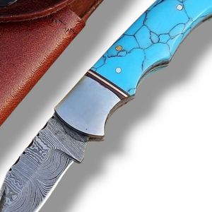 Couteaux pliants Damas de qualité supérieure, couteaux de poche EDC portables avec étui en cuir pour la chasse, le camping, la randonnée, la survie en plein air - Product Image 5