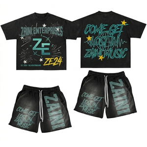Women Oversized T Shirt Shorts Set 240 GSM Premium Cotton French Terry Washed Black Custom Screen Print Puff Print OEM ODM - Product Image 1