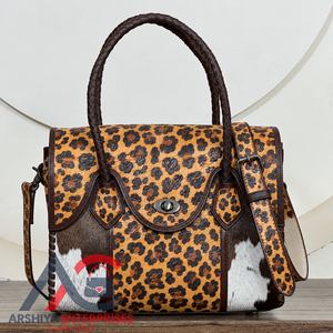 Handmade Latest Design Leopard Print <b>Tooled</b> & Cowhide <b>Leather</b> Handbag for Women Crossbody Tote Purse Braided Handle Satchel Bags - Product Image 1