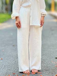 Pantalon large en gaze de coton vert clair pour femme, taille élastique, coupe décontractée, respirant, été, ODM avec poches - Product Image 5