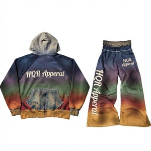 HQR Apparel Eco-Friendly 100% Cotton Tracksuit Set <b>Hoodie</b> Pants Full Sleeve Casual Loose Fit Gray Black Print Sweatshirt Winter - Product Image 3