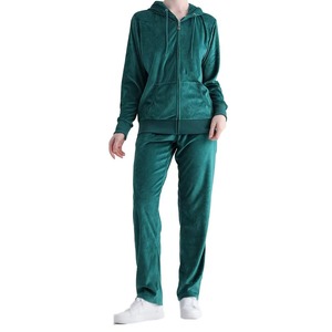 <b>Women's</b> Green Velvet <b>Tracksuit</b> Hooded Full Sleeve Solid Color Casual Autumn Wear with Side Pockets Zipper Closure - Product Image 1