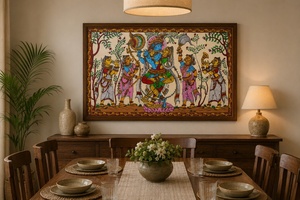 Pintura Artesanal de Lord Krishna Raslila Pattachitra, Arte Folclórico Tradicional de Odisha, Decoración de Pared para Sala de Estar, Hogar o Templo - Product Image 2