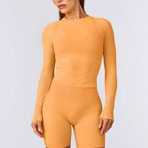 Custom <b>Thumb</b> Hole Design <b>Cuffs</b> Solid Color Long Sleeve Shirt Women Crop Length Pattern Workout Wear Fitness Tight Shirt - Product Image 5