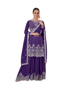 Último diseñador Fab Zone Chinon seda bordado secuencia trabajo Sharara traje de alta calidad Indio pakistaní étnico Saree fiestas - Product Image 1