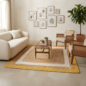 Alfombra Cuadrada de Yute Natural Hecha a Mano, con Borde Amarillo y Blanco, Ecológica, Tejida a Mano, para Sala de Estar, Dormitorio, Decoración del Hogar - Product Image 1
