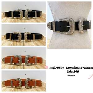 แองเจลิน่าเข็มขัดหนังแท้ 3.5x100 ซม. หัวเข็มขัดคู่สไตล์ตะวันตกเครื่องประดับแฟชั่นผู้หญิง - Product Image 3