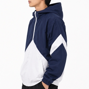<b>Men</b> Windbreaker <b>Jacket</b> Navy <b>White</b> Color block Lightweight Shell Fabric Hooded Zip Design Sporty Retro Style Contrast Panel - Product Image 3