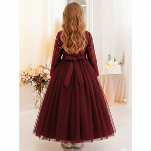 Robe de soirée princesse en velours bordeaux brodée de sequins et de dentelle douce à col en V pour filles, vente en gros OEM ODM - Product Image 6
