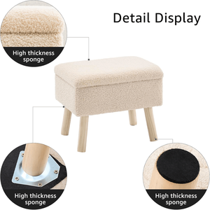 Pouf Contemporaneo Rettangolare con Rivestimento in Pile Teddy e Gambe in Legno Massello, Poggiapiedi Beige per Ingresso di Casa - Product Image 3