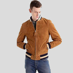 Chaqueta Bomber de Cuero de Ante Marrón para Hombre, Estilo Universitario, Puños Acanalados, Corte Ajustado, Piel de Oveja Suave, Abrigo Casual de Moda - Product Image 1