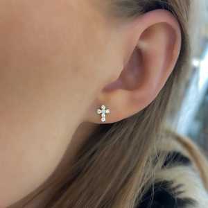 14K Gold Round Cut Lab Grown Diamond Cross Stud <b>Earrings</b> Pave Set 7mm Tiny Religious Crucifix <b>Post</b> Pairs Bulk Supplier Wholesale - Product Image 4