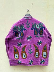 Handmade Purple <b>Velvet</b> Floral Embroidered Suzani <b>Jacket</b> Full Sleeve Stand Collar Bohemian <b>Women</b> Winter Outerwear - Product Image 4