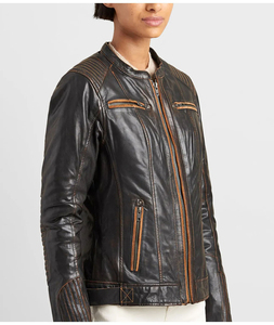 Chaqueta Bomber de Cuero Genuino para Mujer, Cuello Alto, Manga Larga, Cierre de Cremallera, Color Sólido, Impermeable, Ligera, Informal, Otoño - Product Image 5