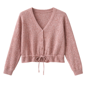 Women Knit Cardigan V-Neck <b>Long</b> <b>Sleeve</b> <b>Crop</b> <b>Top</b> With Lace Up Detail Solid Color Casual Autumn Wear - Product Image 1