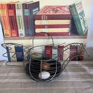 Vintage shape wire metal and plastic woven rattan chicken <b>egg</b> <b>storage</b> basket with carry handles - Product Image 1