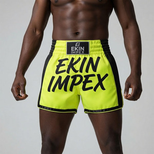 กางเกงมวยไทยผู้ชาย Ekin Impex สีเหลืองนีออน แถบข้างสีดำ เอวยางยืดสูง โพลีเอสเตอร์ 100% ระบายอากาศ แห้งเร็ว สปอร์ต - Product Image 3