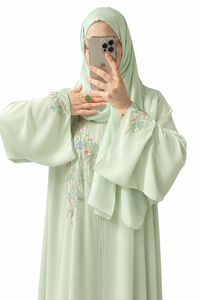 Ensemble Abaya Hijab Modeste Brodé en Polyester pour Femme, Manches Longues, Longueur Cheville, Fleuri, Perlé, Ouvert sur le Devant, Été, Dubaï, Prière de l'Aïd, 2 Pièces - Product Image 1