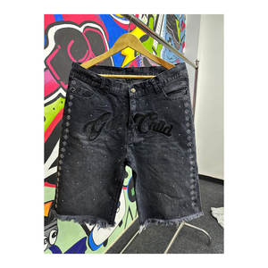 Shorts en jean pour homme, style streetwear respirant, tendance estivale, effet délavé soleil, strass sur toute la surface, vintage, décontracté - Product Image 1