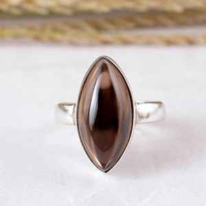 Handmade 925 Sterling <b>Silver</b> Smoky Quartz Natural Marquise Brown Gemstone Bezel Set <b>Statement</b> <b>Ring</b> Adjustable Matte Finish Boho - Product Image 1