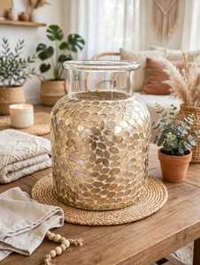Pot à bougie décoratif en verre, attrape-lumière en mosaïque dorée, vase en verre transparent pour la décoration intérieure - Product Image 1