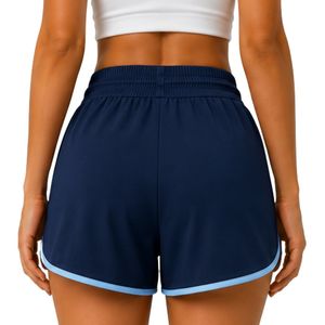 Shorts de course pour femmes bleu marine avec passepoil bleu ciel, en polyester, séchage rapide, taille élastique avec cordon de serrage, pour la gym et le fitness - Product Image 2