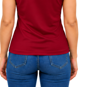 Polo sin mangas color rojo vino para mujer, corte ajustado, con cuello de parche, para equitación y entrenamiento, personalizado, al por mayor, de alto rendimiento. - Product Image 6