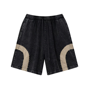 Shorts de survêtement pour hommes, coupe oversize, style gothique vintage, color block, en velours côtelé épais 330 GSM, couleur unie, délavé effet neige - Product Image 1