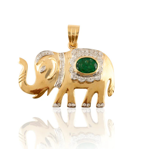 14K Yellow Gold Majestic Elephant <b>Pendant</b> with Natural <b>Emerald</b> and Diamond - Product Image 2
