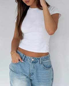 Women's Crew Neck Short Sleeve <b>Crop</b> <b>Top</b> Solid Color Knitted Casual Slim Fit Spring Summer Wear - Product Image 2