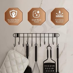 Étagère murale en métal pour cuisine avec 10 crochets, support de rangement auto-adhésif pour ustensiles, design minimaliste - Product Image 2