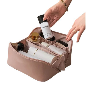 Custom Logo Luxury PU brown leather Travel makeup <b>bag</b> Large Capacity Portable Fashion Cosmetic Organizer Tote Zipper <b>bag</b> - Product Image 3