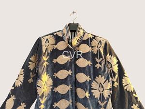 Veste en velours à col mandarin de style chinois, broderie florale, manches longues, fermeture à un bouton, automne, décontractée, grande taille, pour femmes - Product Image 3