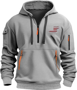 Men's Winter Embroidered Quarter-<b>Zip</b> Fleece Pullover <b>Hoodie</b> Long Sleeve Cotton Blend with <b>Pockets</b> 350g Quick Dry & Anti-shrink - Product Image 3