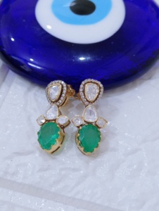 AMAIRA JEWELS Vintage Gold Plated <b>Emerald</b> Cut Green Stone Women's Earrings Bezel Setting Silver Fashion Jewelry Set Badam Shape - Product Image 2