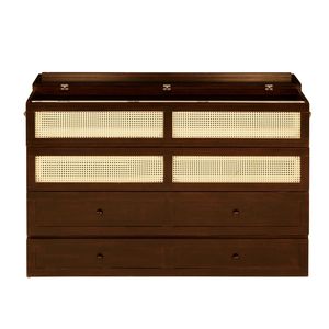 Letto a scomparsa matrimoniale in legno di pino con decorazioni in rattan e cassetto portaoggetti in noce - Product Image 5