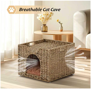 Handwoven Fiber Cat Bed Cave Square <b>Indoor</b> All Seasons Collapsible Pet Bed for Cats Natural Color Durable Design - Product Image 3