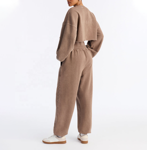 Conjunto de 2 Piezas de Felpa para Mujer, Sudadera Corta y Pantalones Holgados, Color Marrón Sólido, Ropa Casual para Todas las Temporadas, Venta al Por Mayor - Product Image 2