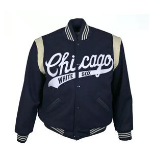 Blouson universitaire personnalisé bleu marine pour homme, avec manches contrastantes crème, style bomber, uniforme de baseball Letterman, manteau de sport, vente en gros - Product Image 1