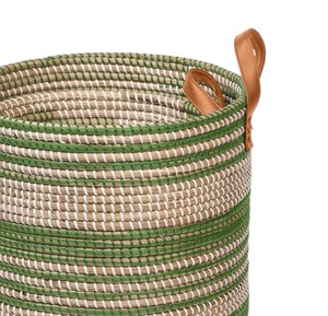 Custom Made Green Striped Seagrass <b>Basket</b> Handcrafted Storage Laundry <b>Hamper</b> Container Bin with Upright Leather Handles - Product Image 4