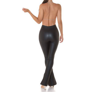 Pantalones de cuero PU de cintura alta para mujer, corte ajustado, largos, color negro sólido, antipilling, cintura elástica. - Product Image 4