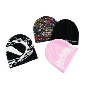 Logotipo personalizado invierno Y2K acrílico Jacquard Beanie sombreros diseñador de punto de seda satén forrado 3D técnica de bordado estilo de imagen único - Product Image 1