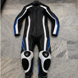 Traje de moto de cuero PU negro y azul para hombre, estilo color block, cortavientos, con cremallera, corte ajustado, estilo motero, con capucha delantera delgada - Product Image 5